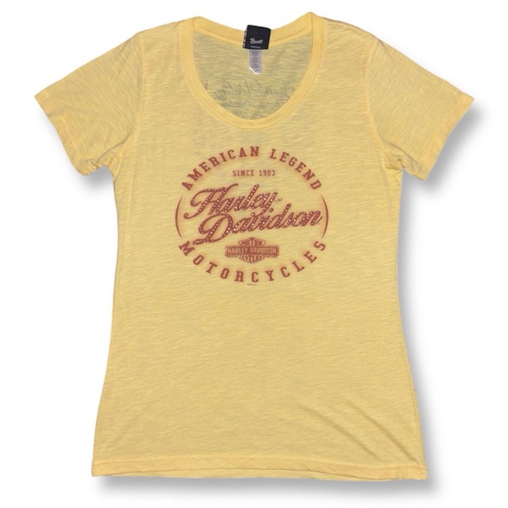 Y2K Vintage Butter Yellow Rhinestone Harley Davidson Short Sleeve Shirt